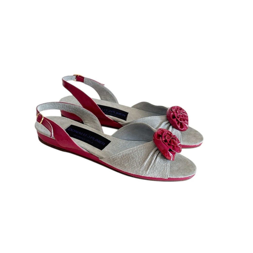 Donald J Pliner Y2K Slingback Open Toe Gray Suede Red Floral Sandals size 38 EU